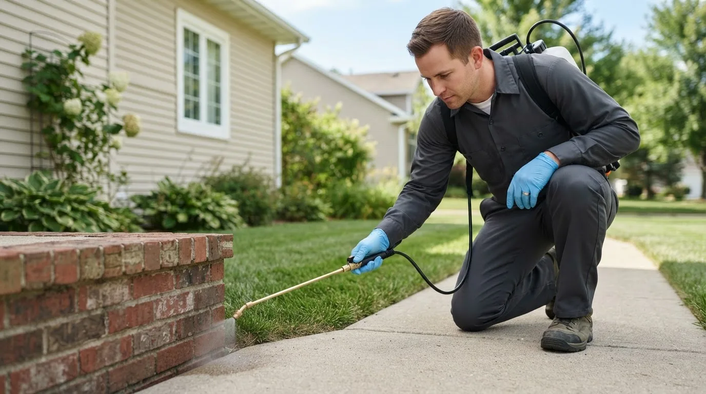 Pest control technician treating a home near Hope, RI