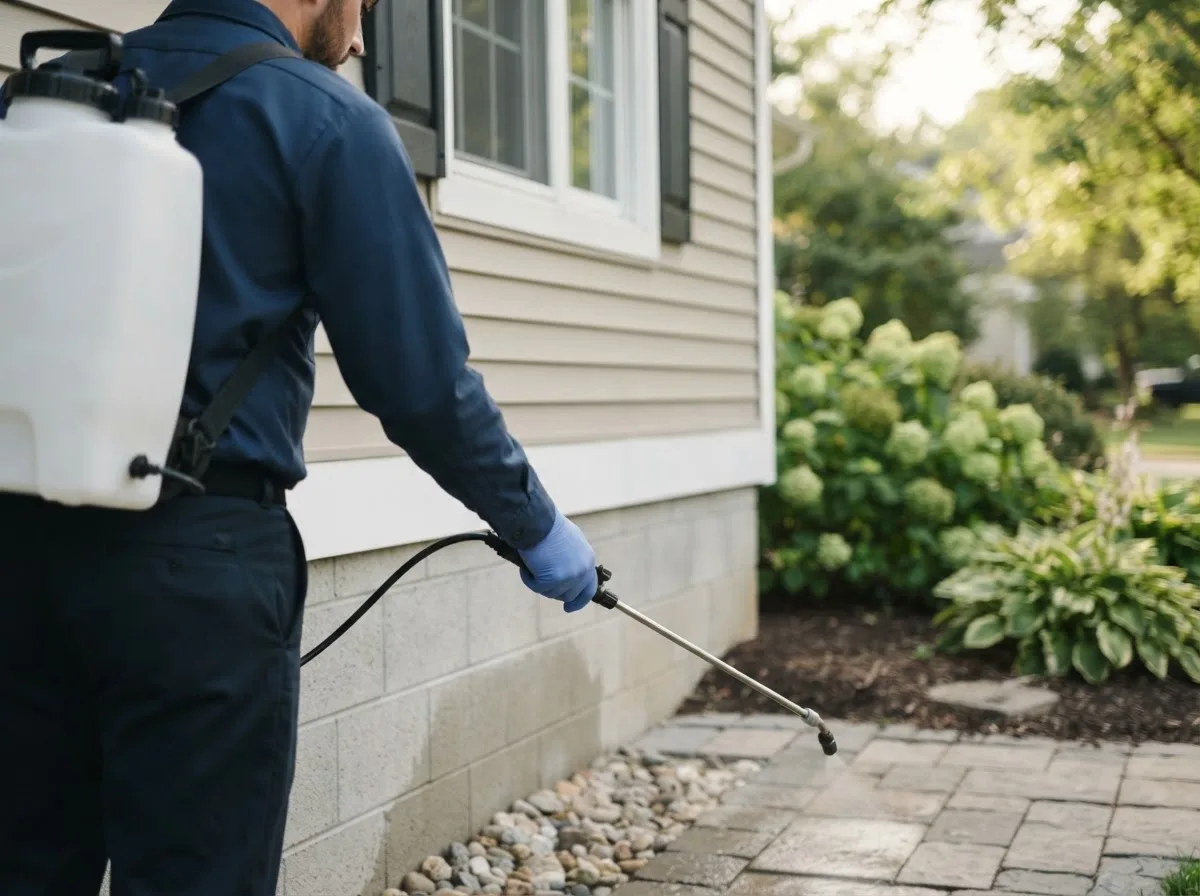 Pest control technician inspecting a home in Hope, RI